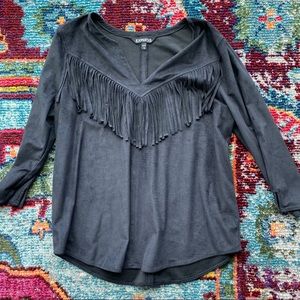Express Grey Suede 3/4 Length Fringe Blouse